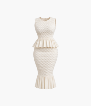 Ivory Textured Peplum Midi Dress